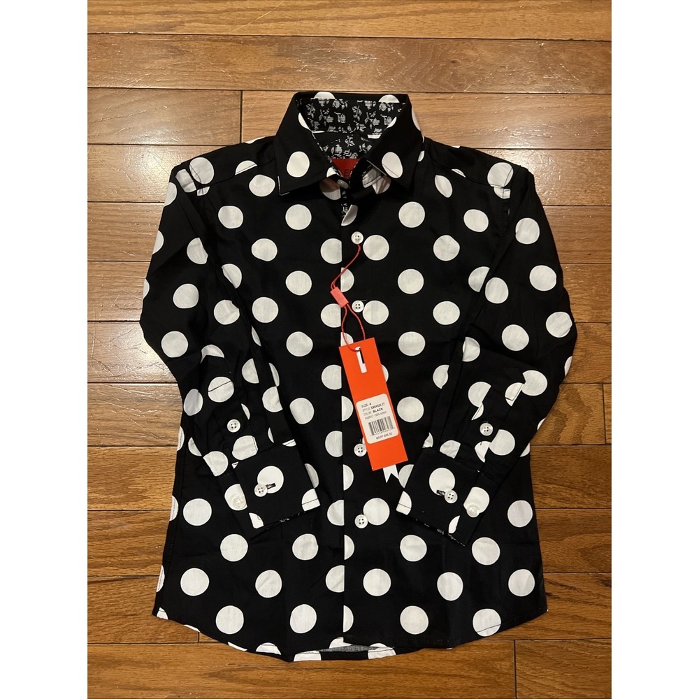Elie Balleh Boys Size 4 Polka Dot Button Down Shirt NWT Black White Cotton Dress